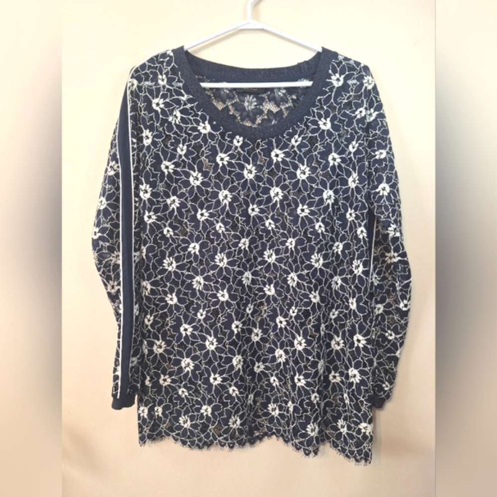 🇮🇹 TWINSET Simona Barbieri S longsleeve navy white floral lace metallic top